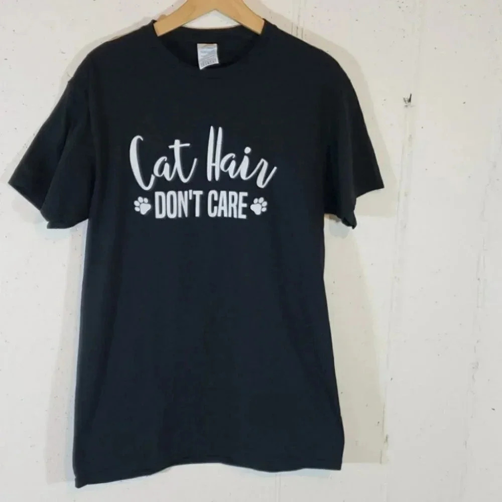 Cat Hair Dont Care Funny T-Shirt Novelty Graphic Tee Medium